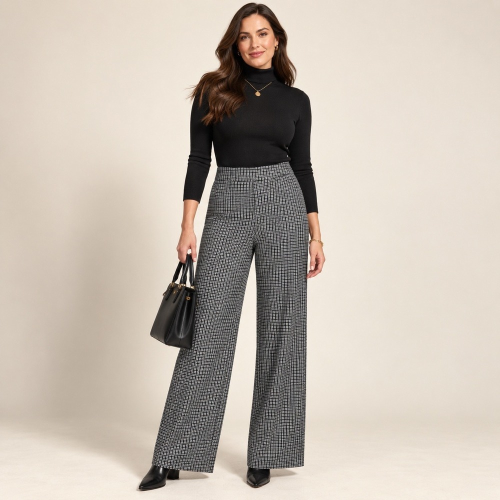 SPANX Perfect Pant Wide Leg Plaid Ponte Pants Large Tall Officecore Black White